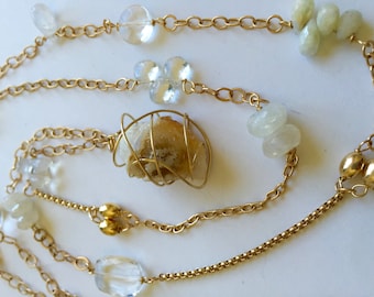 14K Gold Multi Gemstone Necklace: Druzy Pendant, Moonstones, Sapphire