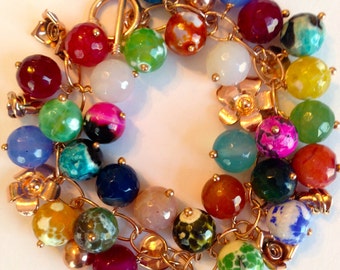 Fire Agate Gem Cluster Bracelet: Rose Gold Vermeil Charms