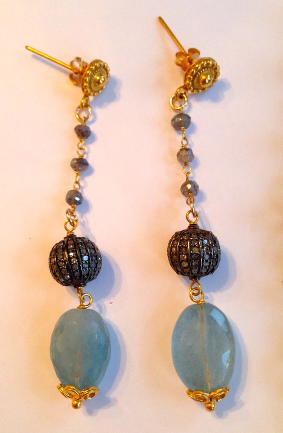 Diamond Aquamarine Earrings Labradorite Chain Vermeil Filegree Post