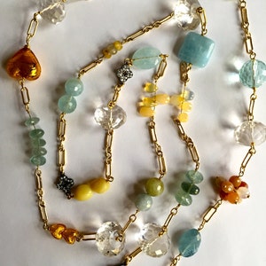 Aquamarine Citrine Gemstone Statement Necklace Long, Opal, Crackled Fire Agate, Murano Glass Heart, CZ Clover Connector