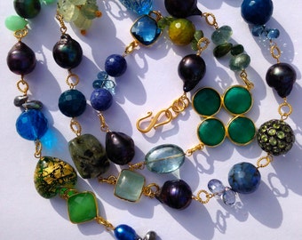 Navy Blue Green Statement  Necklace, Blue Sapphires, Kayanite, Colorful Agate Bezel Set Connectors