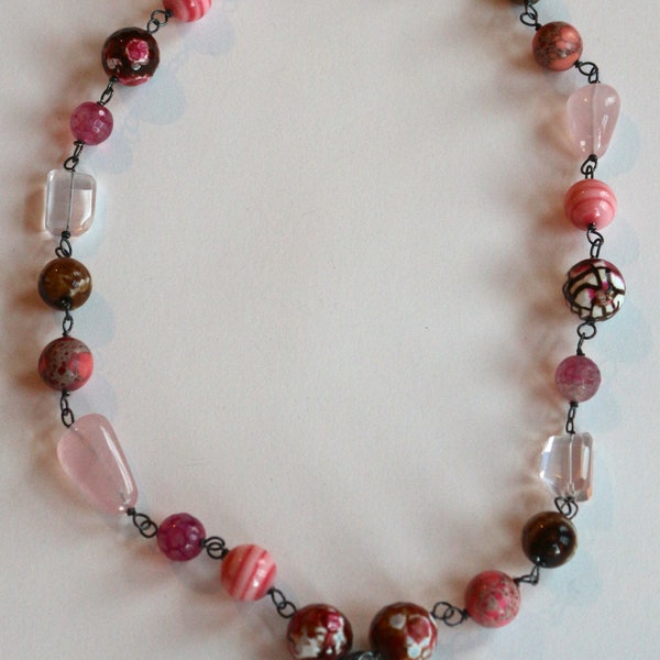 Multi Gemstone Statement Necklace Oxidized Sterling Silver, Carnelian, Agate, Rose Quartz Nuggets