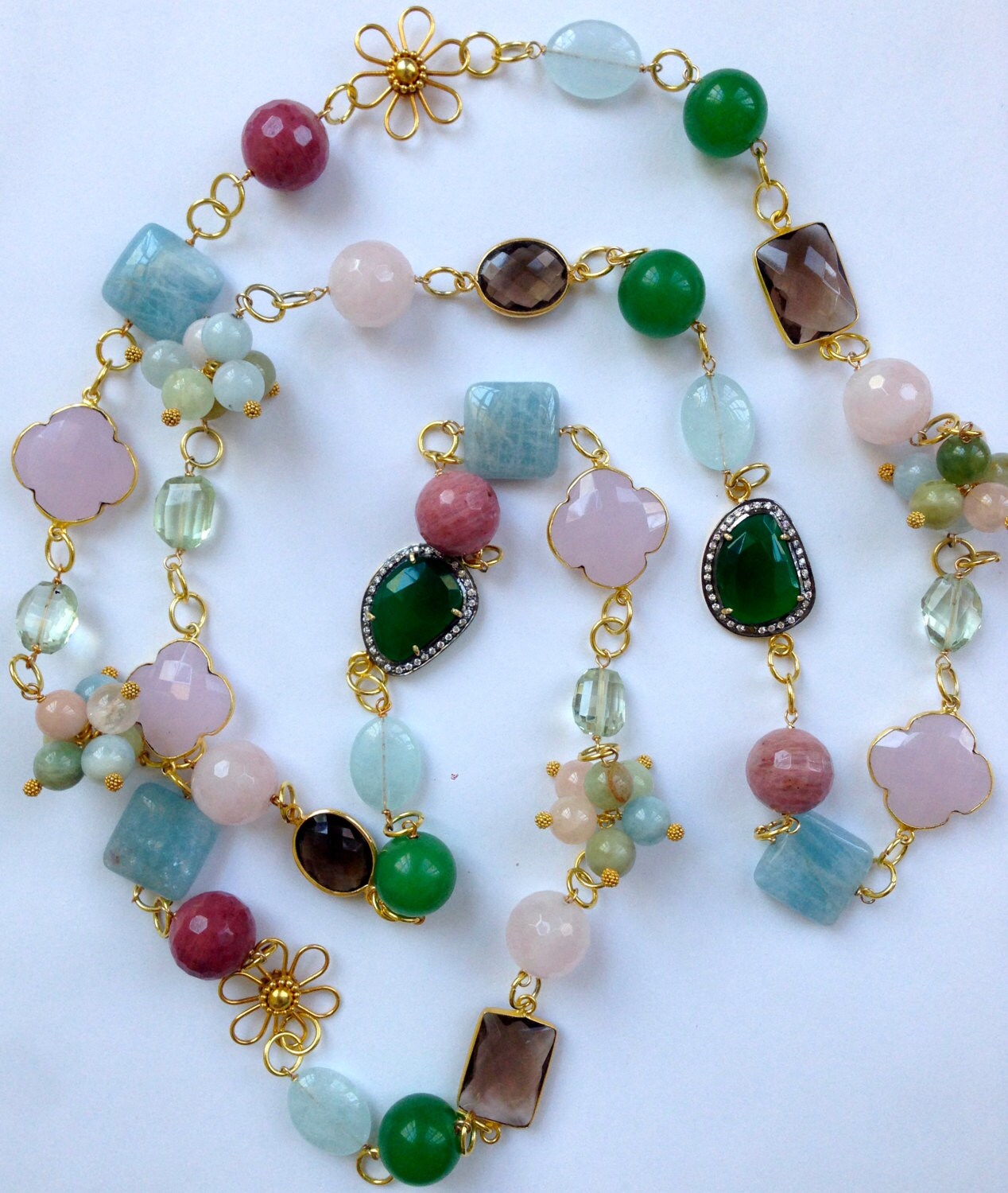 Pastel Gemstone Statement Necklace Long Diamond Set Emerald - Etsy