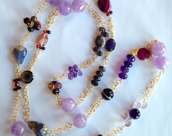 Amethyst, Garnet Station 14K GFChain Necklace Botswana Agate, Smokey Quartz, Violet Holly Chalcedony Nuggets