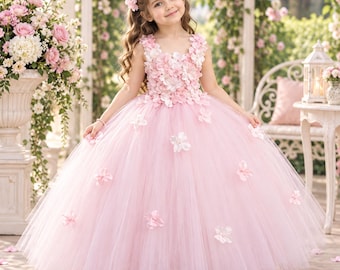 Pink Princess Flower Girl Dress, Floral Tulle Gown, Wedding Birthday Party Dress