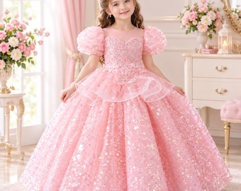 Girls Princess Performance Dress, Sparkle Flower Girl Gown, Piano Recital Costume