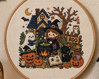Patrón de punto de cruz de Halloween en PDF - Caldero de bruja preparando pociones, iconos - Punto de cruz de bruja, punto de cruz de otoño - Descarga instantánea
