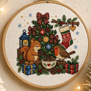 Christmas Tree Cross Stitch Pattern, Tartan Bows, Squirrel, Robin (PDF Download)