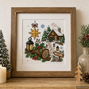 Yule Log Cake Cross Stitch Pattern, Christmas Cabin, Holly Berries (PDF Download)