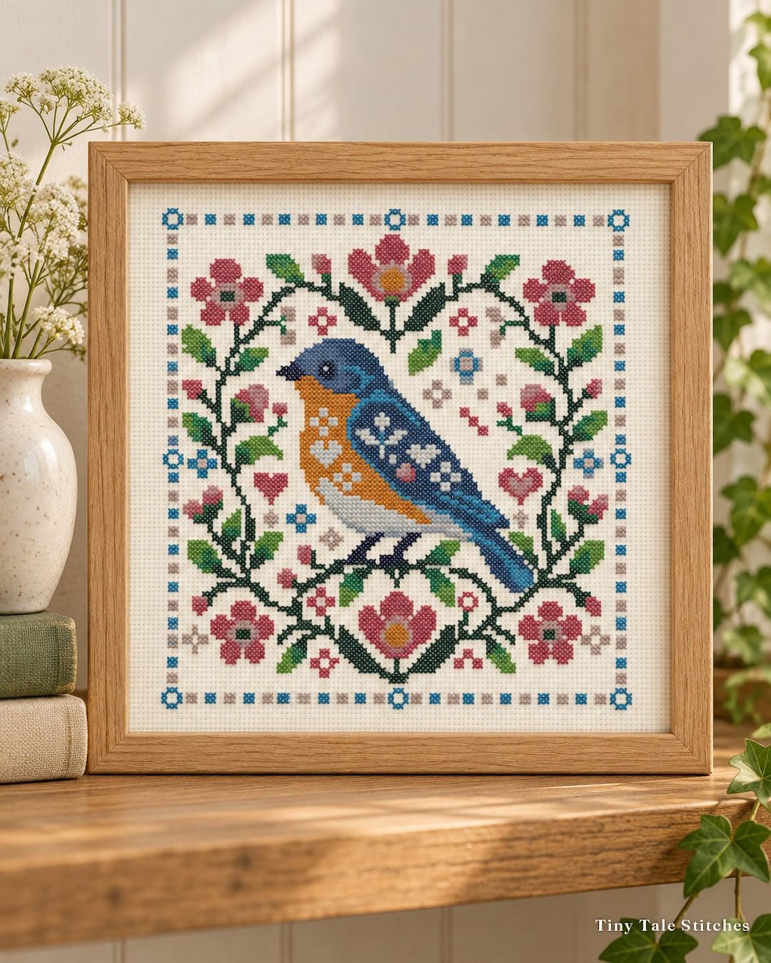 Bluebird Cross Stitch Pattern PDF, Spring Bird in Flowers Folk Art ...