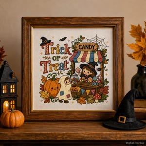 Witch Candy Stall, Trick or Treat Lettering with Leaf Pattern, Halloween Cross Stitch Pattern, Counted Cross Stitch Chart PDF