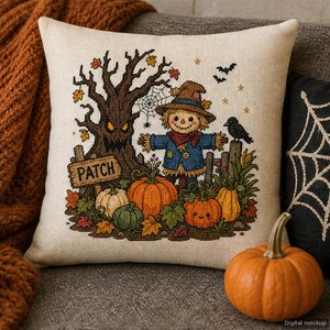 Scarecrow in Pumpkin Patch, Spooky Bare Tree with Glowing Eyes, Halloween Cross Stitch Pattern, Counted Cross Stitch Chart PDF