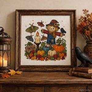 Scarecrow in Pumpkin Patch, Moths Flying around a Lit Candle, Halloween Cross Stitch Pattern, Counted Cross Stitch Chart PDF