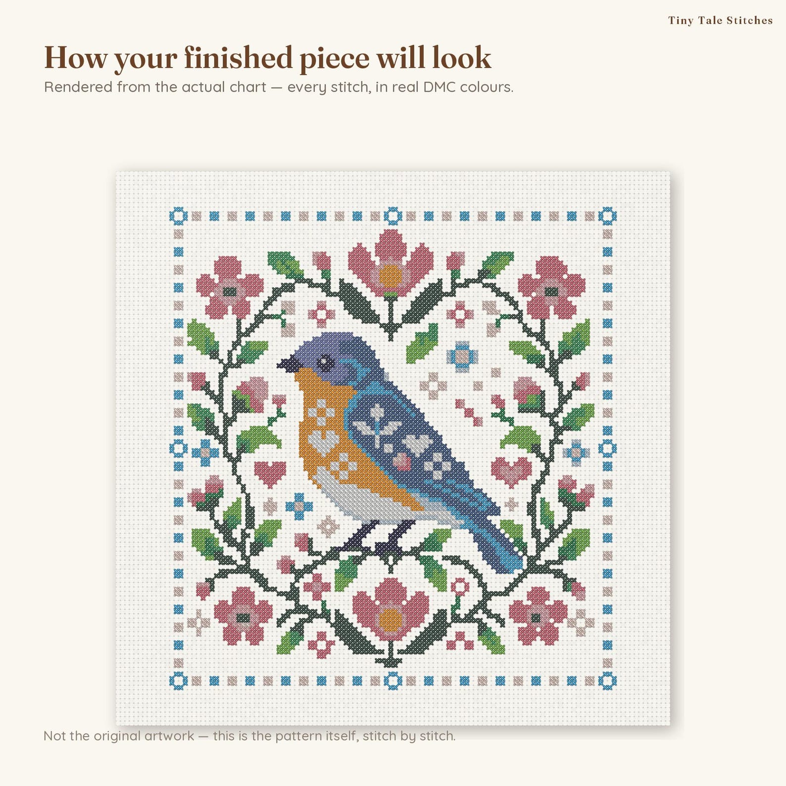 Bluebird Cross Stitch Pattern PDF, Spring Bird in Flowers Folk Art ...