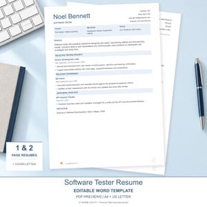 Software Tester Resume Template for Word, Editable 1 & 2 Page CV, Cover Letter, A4 + US Letter, PDF Previews