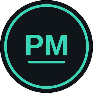 May include: A circular logo featuring a dark charcoal background with a vibrant teal border. Centered in the circle are the capital letters PM in a bold teal sans-serif font, with a horizontal teal line positioned directly underneath the letters.