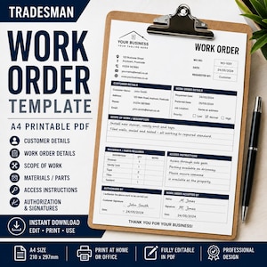Può includere: Un modello di ordine di lavoro A4 stampabile su una cartellina con clip metallica. Il documento presenta sezioni per i dettagli del cliente, i dettagli dell'ordine, l'ambito del lavoro, i materiali, le istruzioni di accesso e le firme.