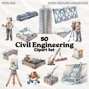 Könnte beinhalten: Eine digitale Sammlung von 50 Bauingenieurwesen-Cliparts, darunter Aquarellillustrationen von Bauarbeitern, einem Wolkenkratzer-Rahmen, Stahlträgern, einem Straßenabschnitt, einem Kran, einem Betonmischer und einem Staudamm.