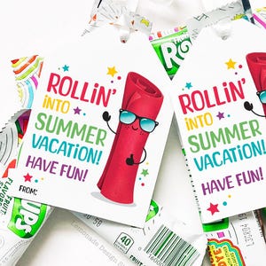 Rollos de frutas de verano imprimibles, último día de clases, bocadillos de frutas para compañeros de clase, etiquetas enrolladas para maestros, etiquetas de regalo, etiquetas de vacaciones de verano