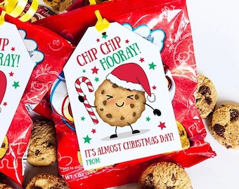 Printable Christmas Cookie Tag Classroom Treat Bag Chocolate Chip Cookie Snack School Teacher Students Chip Hooray Kid Holiday Party Favor