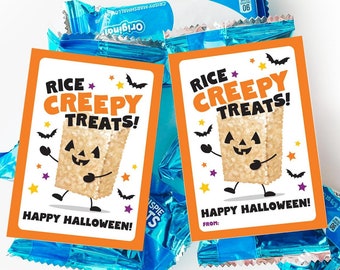 Printable Rice Creepy Treat Tags Halloween Trick or Treat Bag Tag Halloween Classroom Snack School Party Favor Students Krispy Rice Bar Card