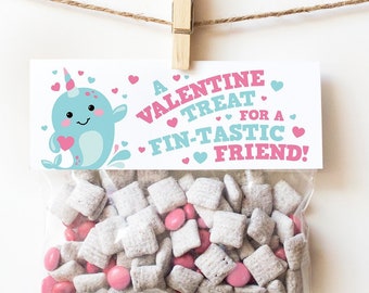 Kids Valentines Treat Bag Toppers, Narwhal Valentine Cards, Printable Valentines for Kids Classroom Valentines Day Card Printable Treat Tags