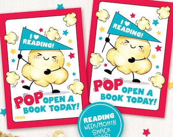 Printable National Library Week Popcorn Tag Reading Snack Tags Pop Open a Book Classroom Teacher Read Across America Week Cards in School