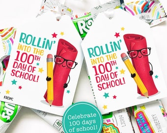 100 Days of School Printable Treat Tag Roll Up Fruit Snack Tags Classroom Gift for Students Happy 100th Day of School Classmate from Teacher