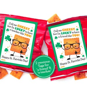 Etiquetas para bocadillos imprimibles del Día de San Patricio para galletas de queso para amigos y maestros Etiquetas para bocadillos con queso Tarjeta de San Patricio para estudiantes Aula de la suerte
