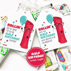 Étiquettes imprimables DEMI-Gâterie d'anniversaire pour la classe Rouleaux de fruits Collation de fruits Étiquettes pour collations Rollups Élèves de l'école MOITIÉ cadeau d'anniversaire pour enfants