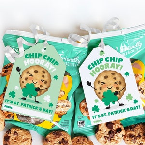 May include: Printable gift tags featuring a cartoon chip cookie with a shamrock and the text "Chip Chip Hooray! It's St. Patrick's Day!"  The tags are green and white with a green shamrock border.