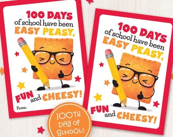 100 Days of School Printable Snack Tags for Students Happy 100th Day of School Classmate Teacher Cheese Crackers Tags Classroom Reward Treat