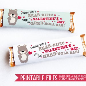 PRINTABLE Classroom Valentine's Kids, Bear Valentine Cards for Kids Valentines for Kids Granola Bar Wrappers, Printable Valentine Treat Tags image 1