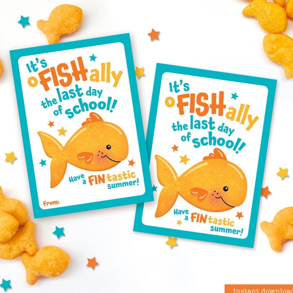 Étiquette imprimable « Dernier jour d'école » pour une collation en classe, craquelins de poisson, cadeau de fin d'année scolaire pour les élèves de l'enseignant, cadeau poisson rouge d'été