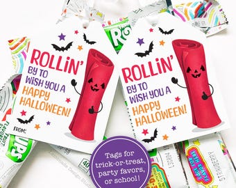 Printable Halloween Fruit Roll Up Trick or Treat Tags Classroom School Party Favor Students Classmates from Teacher Gift Fruit Snacks