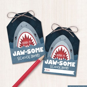 Printable Back to School Snack Tags for Students Shark Pencil Gift Tag Classroom First Day of School Supplies from Teacher Jawesome Jaw-some
