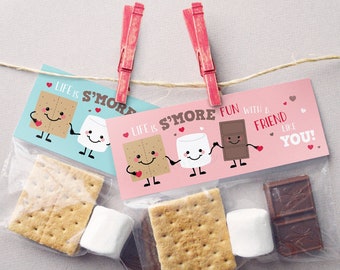 Valentine Treat Bag Toppers PRINTABLE Smores Valentine Cards for Kids Valentines Smores Printable Valentines Kids Treat Tags, Instant DIY