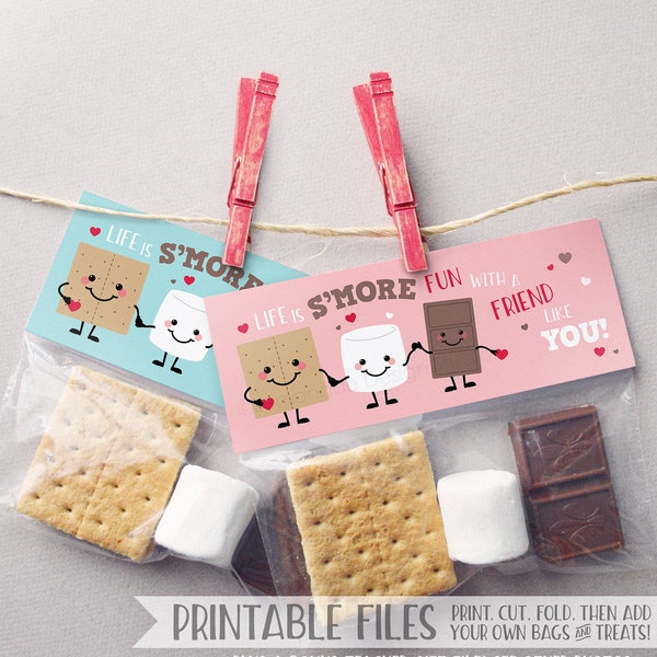 Valentine Treat Bag Toppers PRINTABLE Smores Valentine Cards for Kids Valentines Smores Printable Valentines Kids Treat Tags, Instant DIY