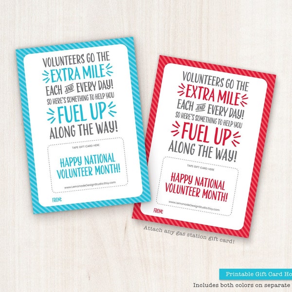 Volunteer Appreciation PRINTABLE Gas Gift Card Holder Thank You Card Extra Mile National Volunteer Month Thank You Card Gas Station Gas Card