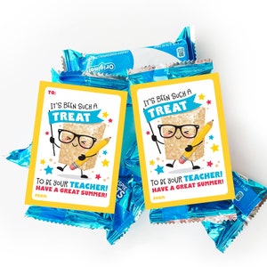 Etiqueta imprimible de fin de año escolar. Delicias de arroz crujiente. Regalo para el aula de los estudiantes de parte del maestro. Último día de clases. Vacaciones de verano. Delicias Krispies.
