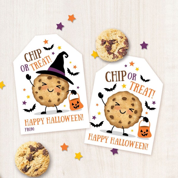 Printable Halloween Tags Trick or Treat Bag Chocolate Chip Cookie Tags Halloween Classroom Snack School Party Favor for Students Treat Decor