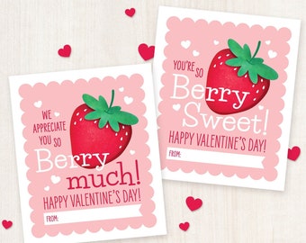 PRINTABLE Strawberry Valentine's Day Cards for Students or Teachers Valentines Gift Tags for Kids Classroom Valentines Treat Tag Berry Sweet