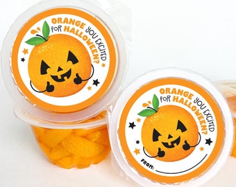 Halloween Printable Snack Tag Orange You Excited Halloween Mandarine Fruit Cups Circle Labels Juice Cuties Classroom Student Trick or Treat