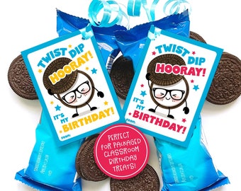 Afdrukbaar koekje Verjaardagstraktatielabel Klaslokaal traktatiezakje Chocoladebroodje koekje Snack Schoolfeest Studenten Kid Verjaardagsfeestje Gunsten