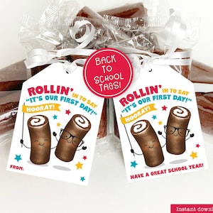 First Day of School Printable Treat Tag Classroom Snack Tags Back to School Year Gift for Students from Teacher Classmates Class Cake Roll