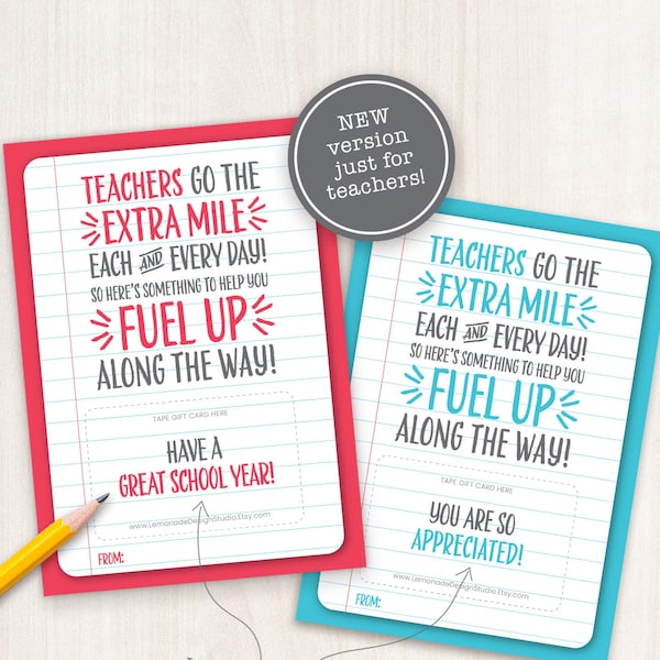 Back to School Teacher Gift Card Holder PRINTABLE Gas Gift Card Holder Thank You Card Go the Extra Mile Fuel Up Teacher Appreciation Week