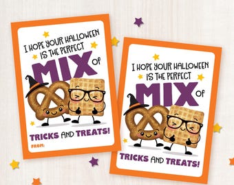 Printable Halloween Tags for Trick or Treat and Classroom Parties - Cereal Pretzel Snack Mix Label Cards
