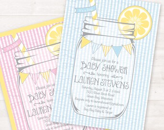 Seersucker Invitation, Printable Baby Shower Invitation, Lemonade Baby Shower Invitation, Mason Jar Invitation, Bridal Shower, Baby Boy Blue