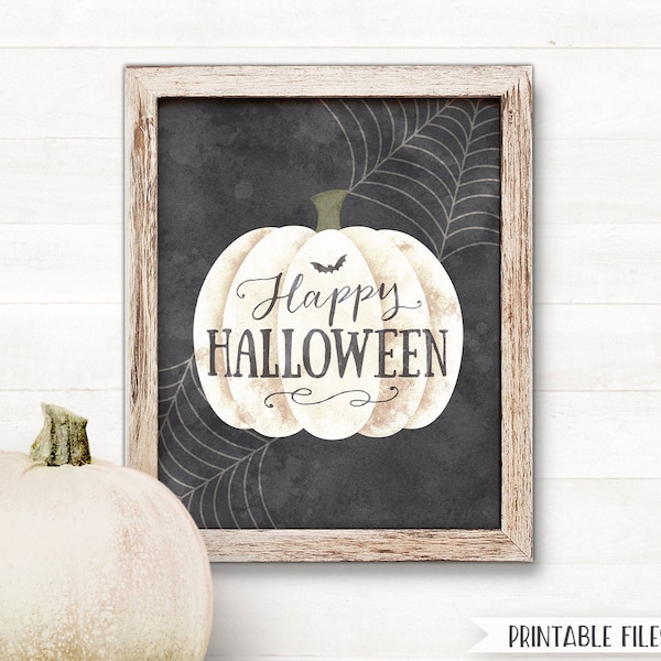 PRINTABLE Happy Halloween Sign Farmhouse Halloween Sign, Farmhouse Halloween Decor Printable Halloween Decorations White Pumpkin Wall Art