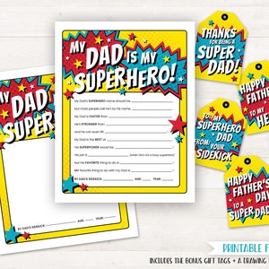 Vatertagsgeschenk von Kindervatertag DRUCKBARE Vatertagskarte-Geschenkanhänger Alles über meinen Vater ist mein Superheld Fill In vom Sohngeschenk für Väter